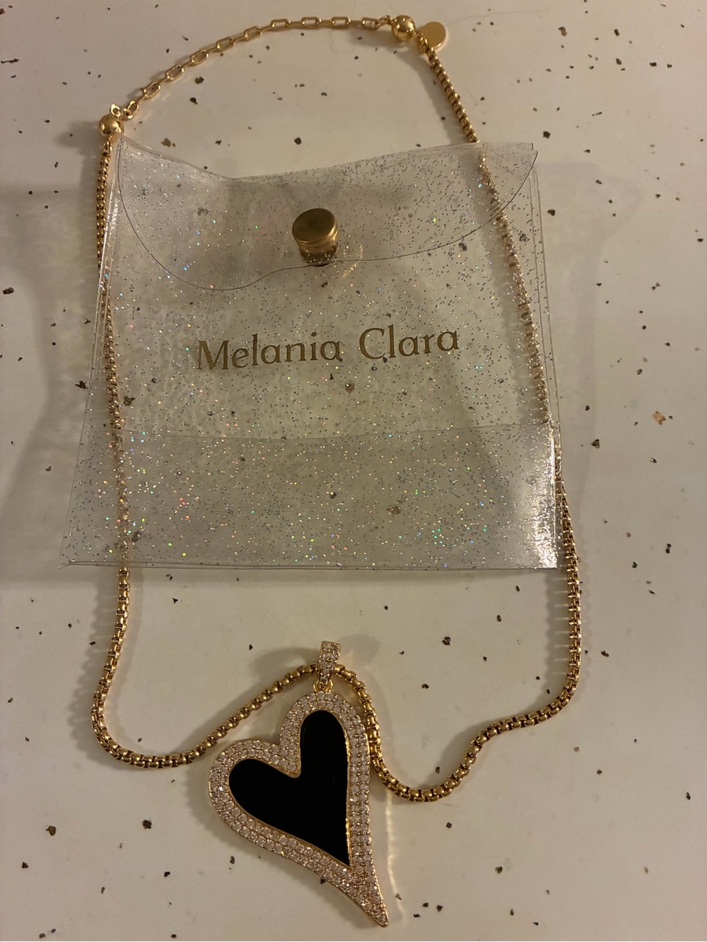 Melania Clara Gold Necklace with Black Heart Pendant